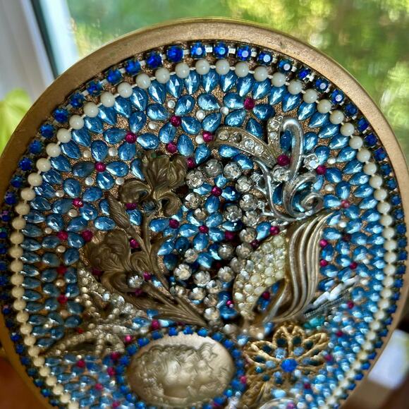 Vintage Tabletop Vanity Mirror with Ornate Floral and Rhinestone Embellishments - Picture 14 of 16